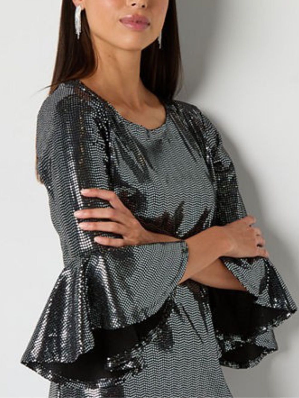 SD Collection Small Silver Sequin Bell Sleeve Disco Dress
